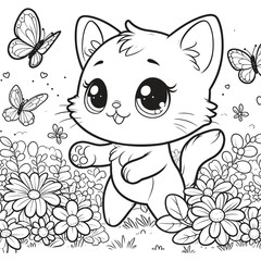 Cute Cartoon Cat with Butterflies and Flowers Outline