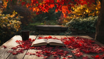 Book and coffee on balcony with autumn forest plant