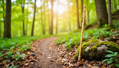 Hiking trail with bamboo walking stick in green forest during summer  