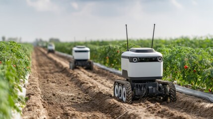 Autonomous robots harvesting tomatoes on a farm agricultural technology lush green environment aerial view