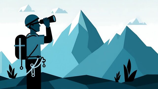 Climber with Binoculars Surveying Majestic Mountain Range