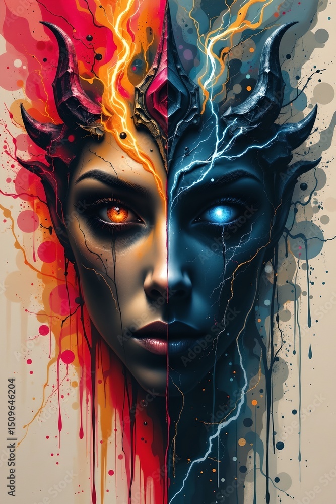Poster mythical face abstract on the left side of the image, under a stormy flash, clear copy space on the 