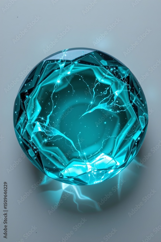 Poster abstract glass object with sparkling teal tones, illuminated vividly, top view with copy space at th