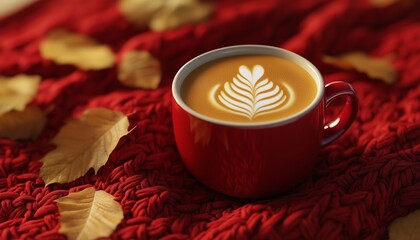 Coffee late red cup mug with blanket autumn forest background