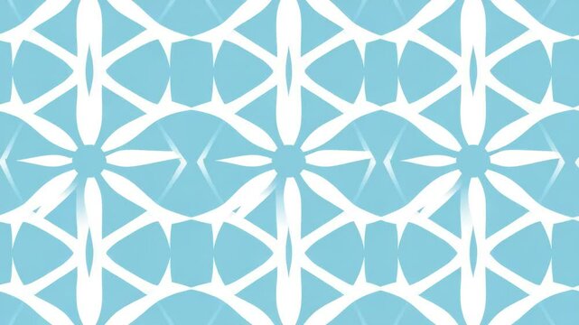 Abstract light blue backdrop features a symmetrical pattern of overlapping white flowers with six petals and triangular elements.