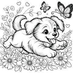 Puppy playing with butterfly in a flower field coloring page