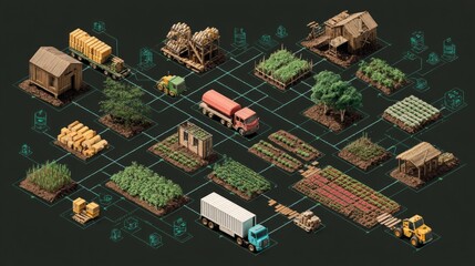 Agricultural logistics and farming operations visualization rural landscape infographic aerial view efficiency concept