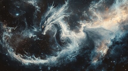 Colossal dragon made of living shadows weaving through a night sky filled with ancient constellations ethereal fantasy artwork