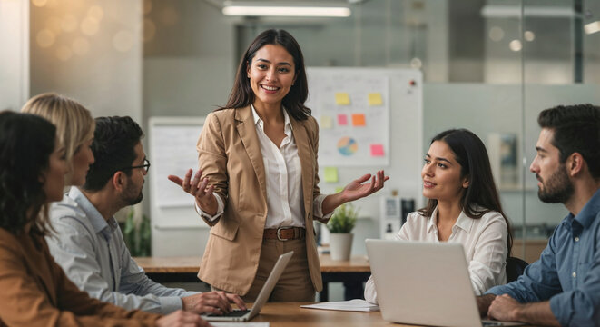 Hispanic businesswoman guiding collaborative team through brainstorm meeting