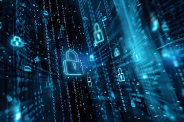 Cybersecurity visualization with digital lock, symbolizing data protection, privacy, secure network, encryption, and modern information technology security concept