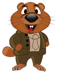 Animal woodchuck in suit on white background is insulated