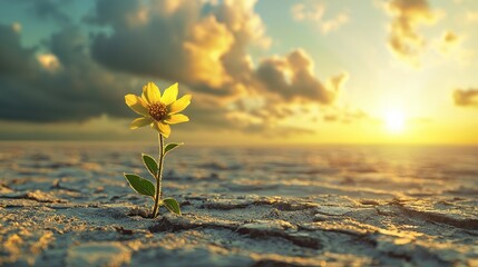 A lone sunflower stands tall in a barren landscape, its vibrant yellow petals contrasting against the muted tones of the surrounding earth and sky.