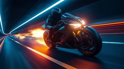 Futuristic neon motorcycle speeding through a cyberpunk city at night. High-tech racing concept with glowing wheels and dynamic motion blur.