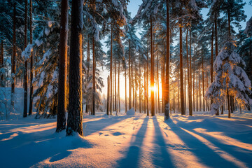 winter forest landscape at dawn with pristine snow and warm golden light between trees