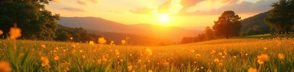 Golden hour sunlight bathes a vibrant landscape in warm, inviting light Perfect for summer, travel, and nature themes Enjoy the cheerful, carefree atmosphere!, horizon, picturesque