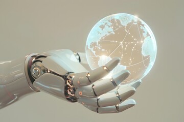 Robotic hand gently holding a glowing globe with digital connections, symbolizing artificial intelligence, global technology, innovation, and the future of smart automation
