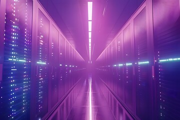 Modern server room with rows of data servers and blinking LED lights, showcasing advanced data center infrastructure and network technology