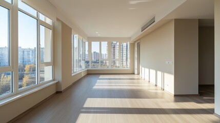 Modern Empty Apartment Room With Large Windows Overlooking City Views