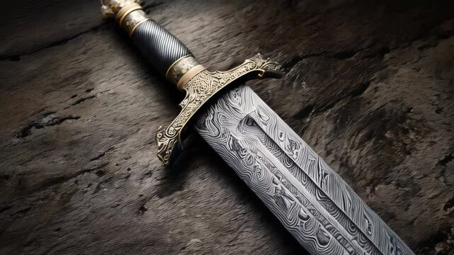 Ornate medieval sword with a patterned blade rests on a distressed wooden surface, showcasing detailed metalwork on its hilt and a historical aesthetic.