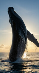 Humpback Whale Breaching in Ocean at Sunset
