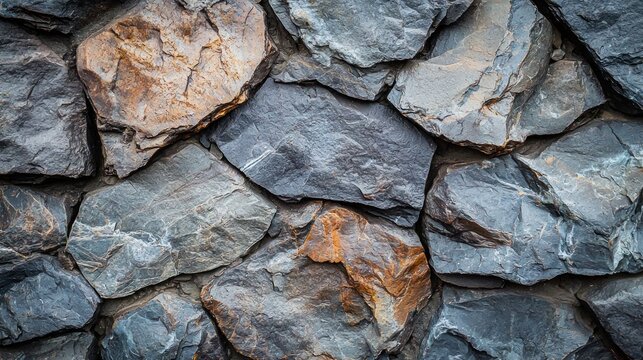 A rugged, weathered stone wall with a mix of dark and light gray stones, creating a textured and natural background.