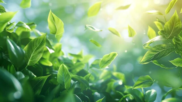 Sunlight streams through vibrant green leaves, some falling gently as if carried by a soft breeze.