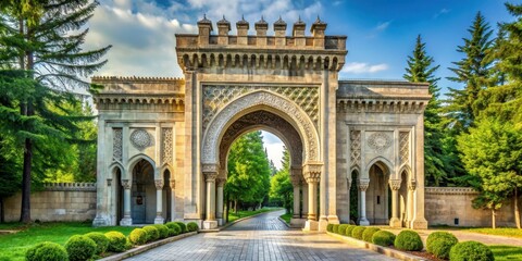 Fototapeta premium Historic stone gate with intricate carvings and ornate details, set amidst lush greenery and a serene atmosphere , Istanbul University, Carvings