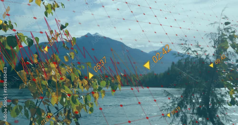 Poster red grid emerging over lake, yellow arrows gliding diagonally updating timecodes while scanning