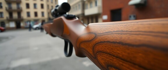 close up of a rifle on a wooden bench