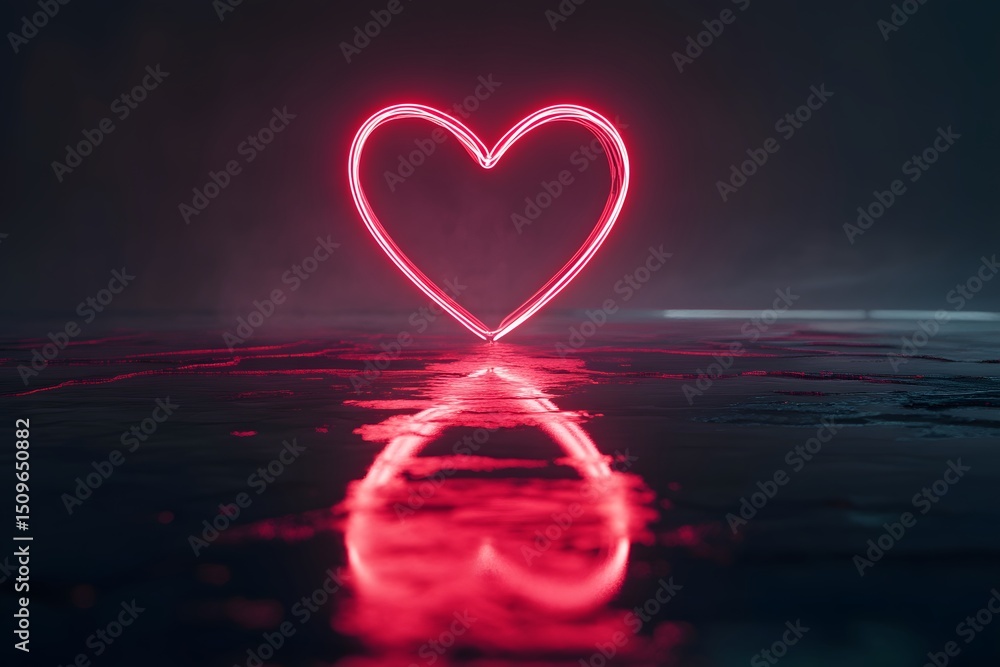 Aufkleber illuminated neon heart shape casting a glowing reflection on a dark textured surface with an atmosph