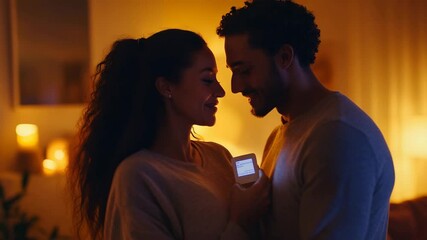 A couple is hugging and holding a small device. Scene is warm and affectionate - Powered by Adobe