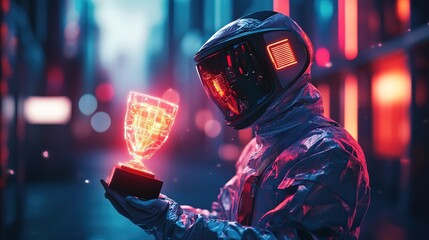 A futuristic esports champion holding a glowing digital trophy