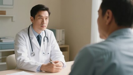 Fototapeta premium Doctor in a white coat consulting with a patient in a medical office setting.