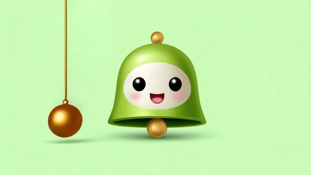 An adorable cartoon bell with a happy face and a gold pendulum swinging nearby. The background has pastel green