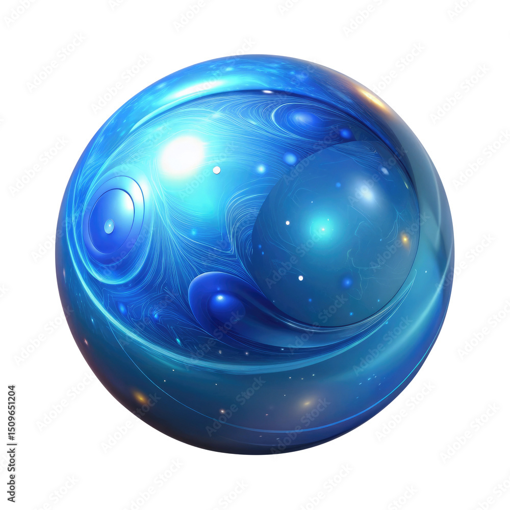 Wall mural futuristic blue galaxy orb with starry swirls and glossy 3d icon in cartoon plastic style minimal is