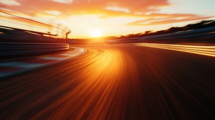 An illuminated race track curved during a beautiful sunset scene