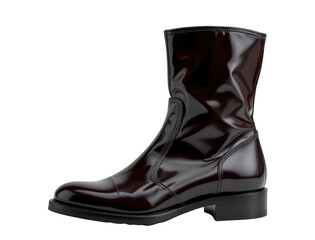 Shiny black leather boot with a mid-calf height and low block heel, featuring prominent stitching.