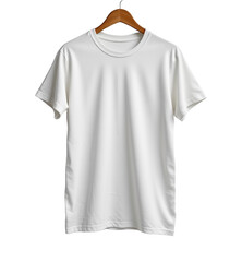 A plain white short-sleeve t-shirt hanging on a wooden hanger.