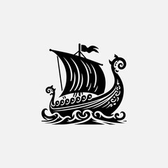 A detailed black silhouette vector logo of a traditional Viking longboat sailing on stylized waves