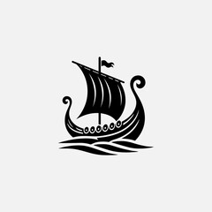 A detailed black silhouette vector logo of a traditional Viking longboat sailing on stylized waves