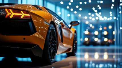 A bright orange sports car showcased within an illuminated showroom