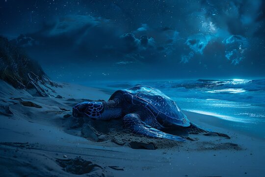 Colossal leatherback sea turtle emerging from the ocean to nest on a sandy beach deep blue night sky cinematic realism