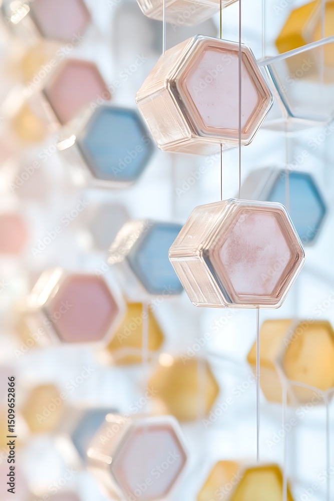 Poster softly radiant floating hexagons with metallic shine create a modern and colorful visual background 