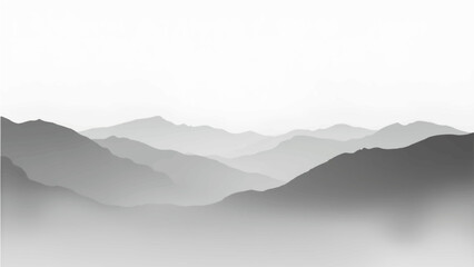 Create a minimalist vector illustration of layered mountain ranges in grayscale. The design should feature soft gradients and overlapping silhouettes to convey depth, with the closest mountains in dar