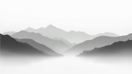 Create a minimalist vector illustration of layered mountain ranges in grayscale. The design should feature soft gradients and overlapping silhouettes to convey depth, with the closest mountains in dar