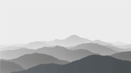 Obraz premium Create a minimalist vector illustration of layered mountain ranges in grayscale. The design should feature soft gradients and overlapping silhouettes to convey depth, with the closest mountains in dar