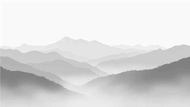 Create a minimalist vector illustration of layered mountain ranges in grayscale. The design should feature soft gradients and overlapping silhouettes to convey depth, with the closest mountains in dar