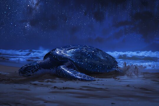 Colossal leatherback sea turtle emerging from the ocean to nest on a sandy beach deep blue night sky cinematic realism