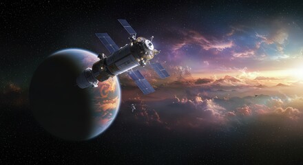 Cosmic Voyage: Satellite Orbiting a Vibrant Planet