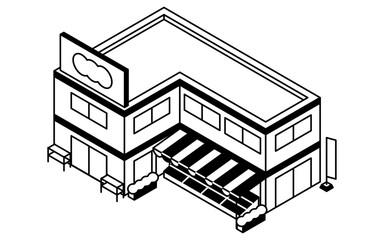 Image of a two-story supermarket or drugstore, simple black and white line drawing isometric illustration